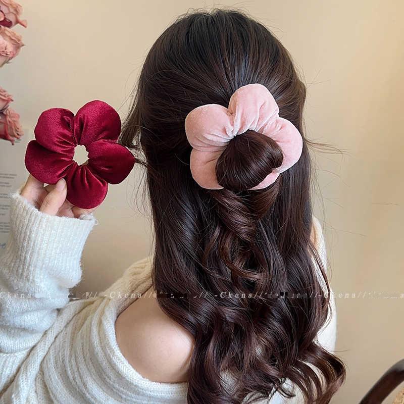 酒红色丝绒花朵大肠发圈女2025新款扎头发发绳后脑勺盘发头绳头饰