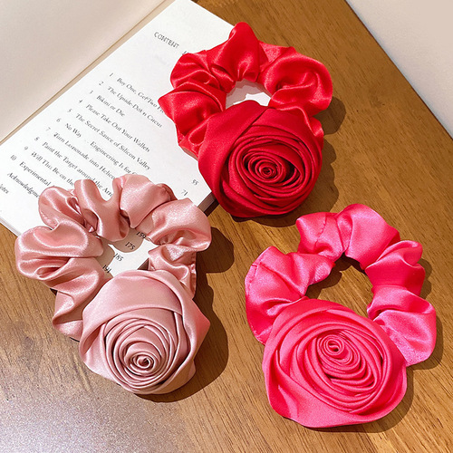 French vintage soft rose-colored large intestine hair tie with satin surface hair ornament, glossy literary flower hair tie