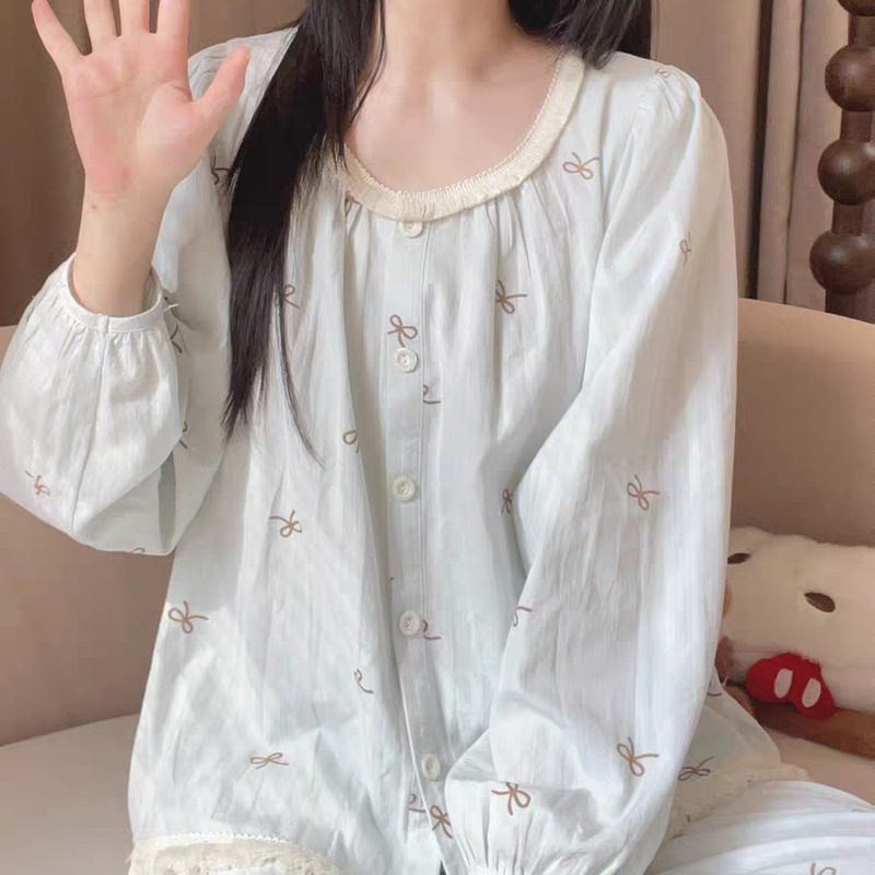 Ruffled Bowknot Pajamas for Women, Spring and Autumn Cloud Cotton Long Sleeve Long Pants Cardigan Lace Homewear Set, Internet Celebrity Ruffled Bowknot Pajamas for Women, Spring and Autumn Cloud Cotton Long Sleeve Long Pants Cardigan Lace Homewear Set, Internet Celebrity