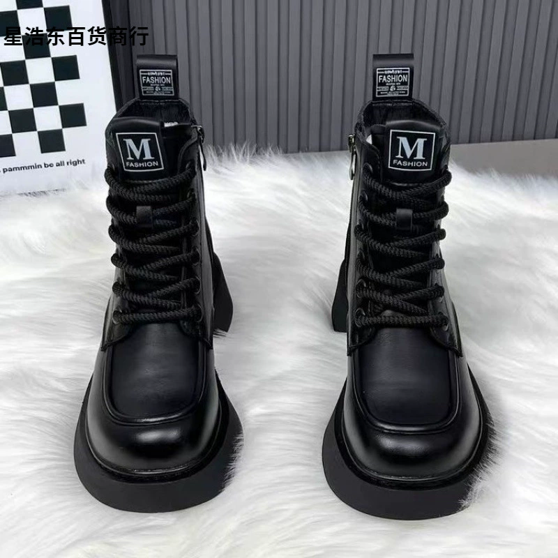 Ботинки Martens‑style низкие с тёплой подкладкой, противоскользящая платформа, чёрные/коричневые, 35–40