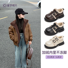 女童小皮鞋加绒棉鞋2025新款冬季儿童黑色乐福鞋软底校园单鞋