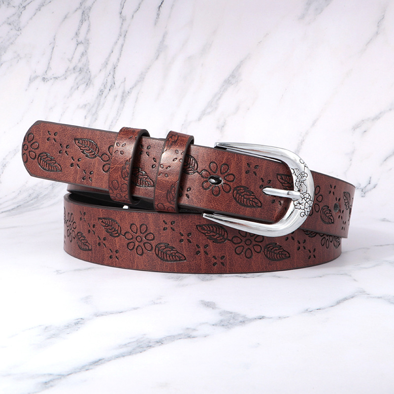 Cinturón Grabado Estilo Étnico para Mujer de Cuero PU con Hebilla de Aguja para Jeans