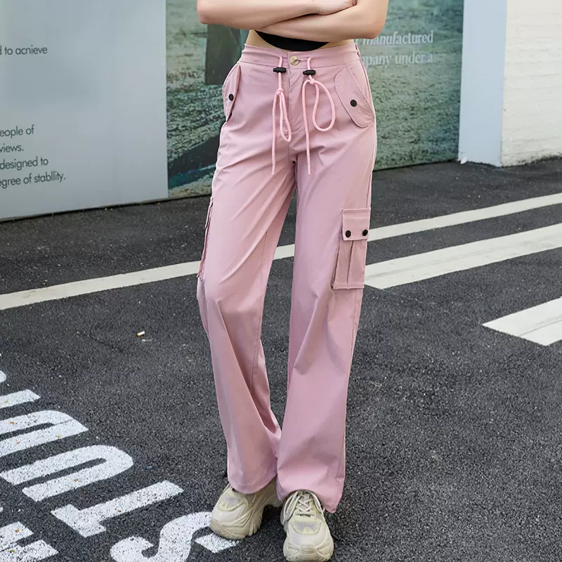美式工装裤女2025夏季薄款高腰阔腿速干运动裤小个子直筒伞兵裤女