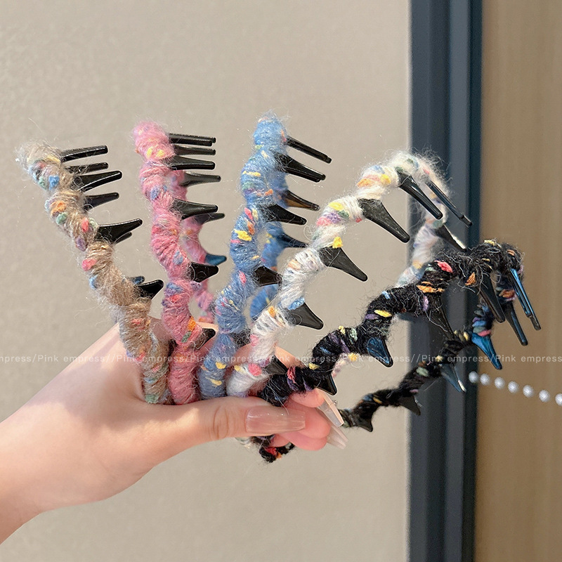 Alto cráneo de lana ondulado banda de cabello para mujeres lavado de cara maquillaje especial banda de cabello con dientes antideslizante acabado de cabello agrupado tocado