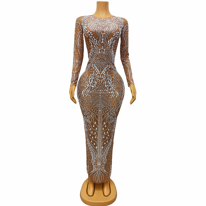 Gold Premium Luxury full gold diamond pattern see-through sexy back slit half turtleneck host stage evening dress Gold Premium Luxury full gold diamond pattern see-through sexy back slit half turtleneck host stage evening dress