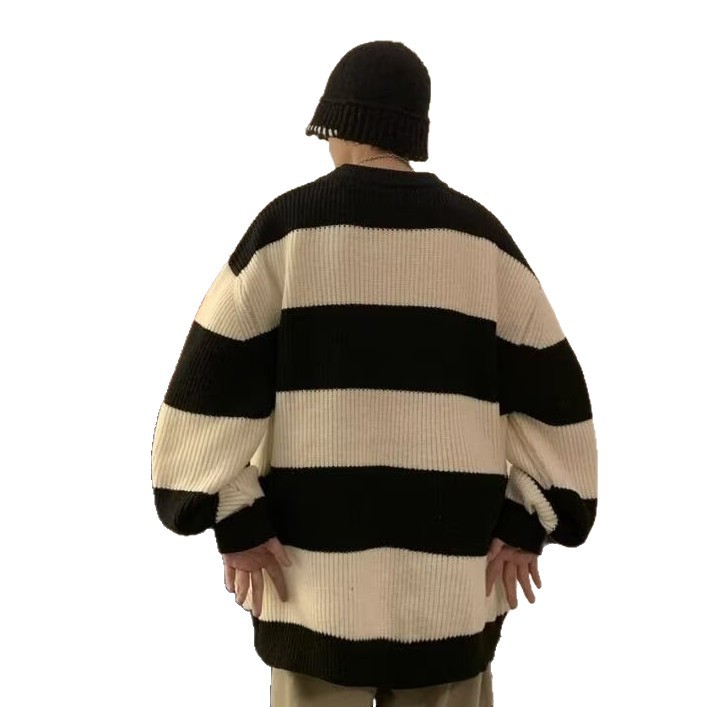 Suéter de cuello redondo a rayas para hombres otoño y invierno grueso calentamiento suelto ropa de base americana retro color contrastante camisa de punto de moda