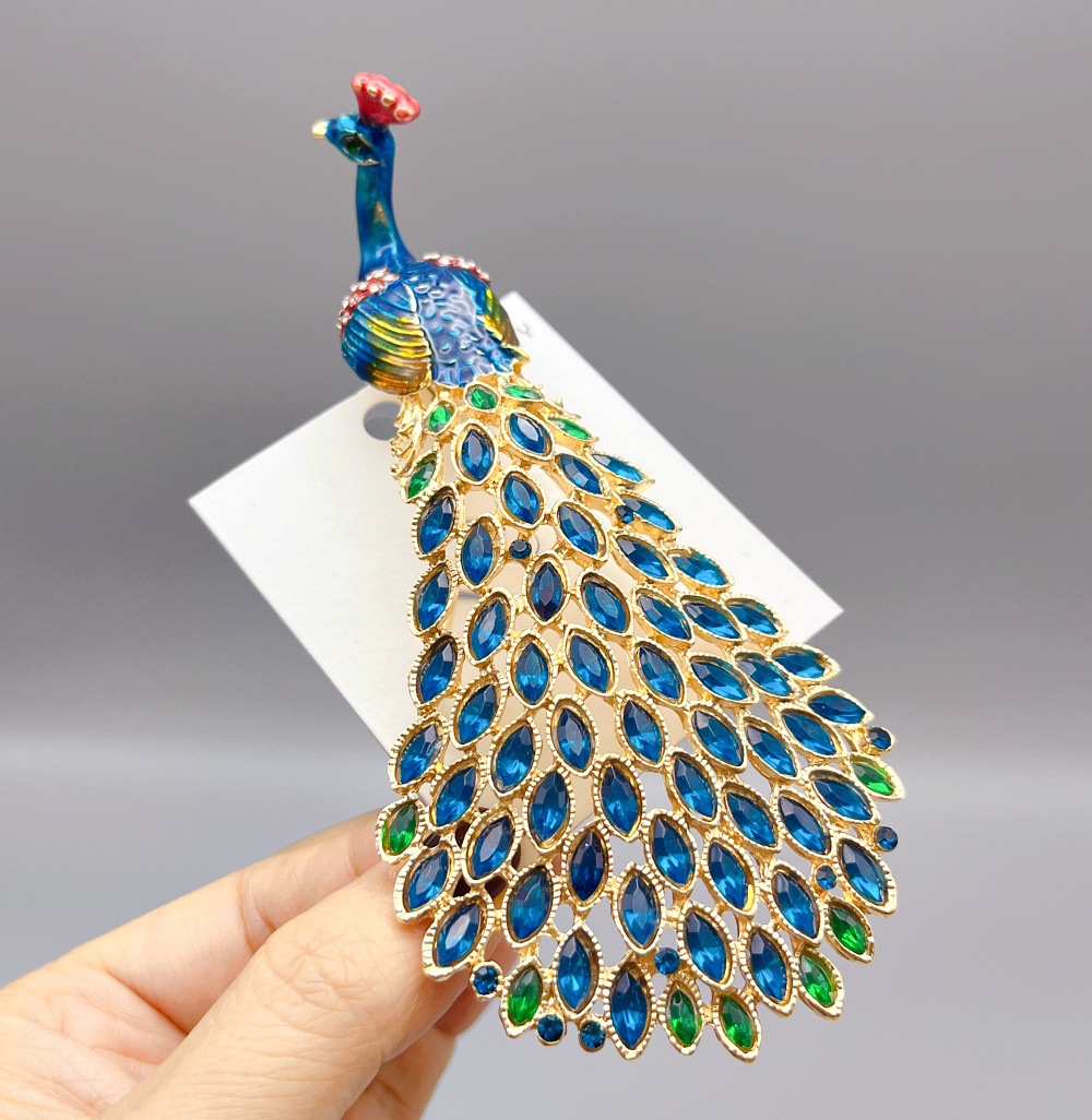 Foreign Trade Cross-Border Large Hole Bird Brooch Enamel Rhinestone Luxury Peacock Big Bird Corsage Clothing Accessories Festive Gift