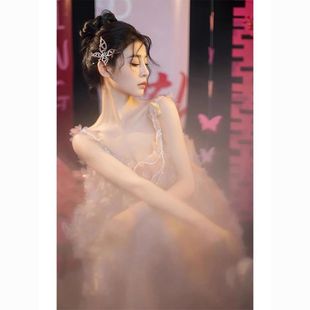 Morning Gown for Female Brides, Niche Spaghetti Strap High-End Pink Sheer Gown Dress for Engagement and Welcoming, Super Fairy Travel Photography Dress