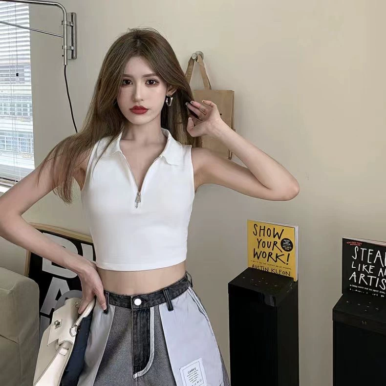 Летний жилет с молнией без рукавов, короткая майка без рукавов, универсальная майка с чашечками, квадратный ворот, облегающий