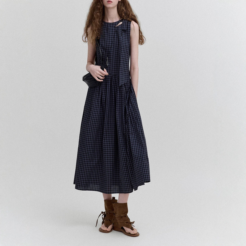 Nordic retro romantic plaid all-cotton irregular design butterfly ribbon dress for women Nordic retro romantic plaid all-cotton irregular design butterfly ribbon dress for women