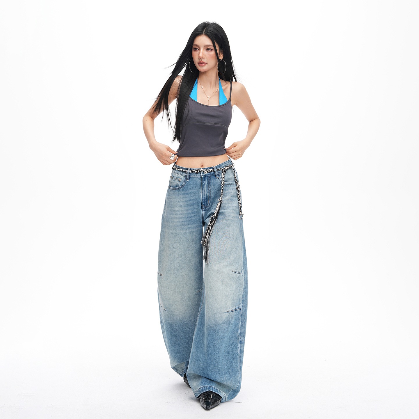 Spring and Summer New Style French Embroidered Blue Washed Mid-High Waist Slimming Wide-Leg Jeans for Women