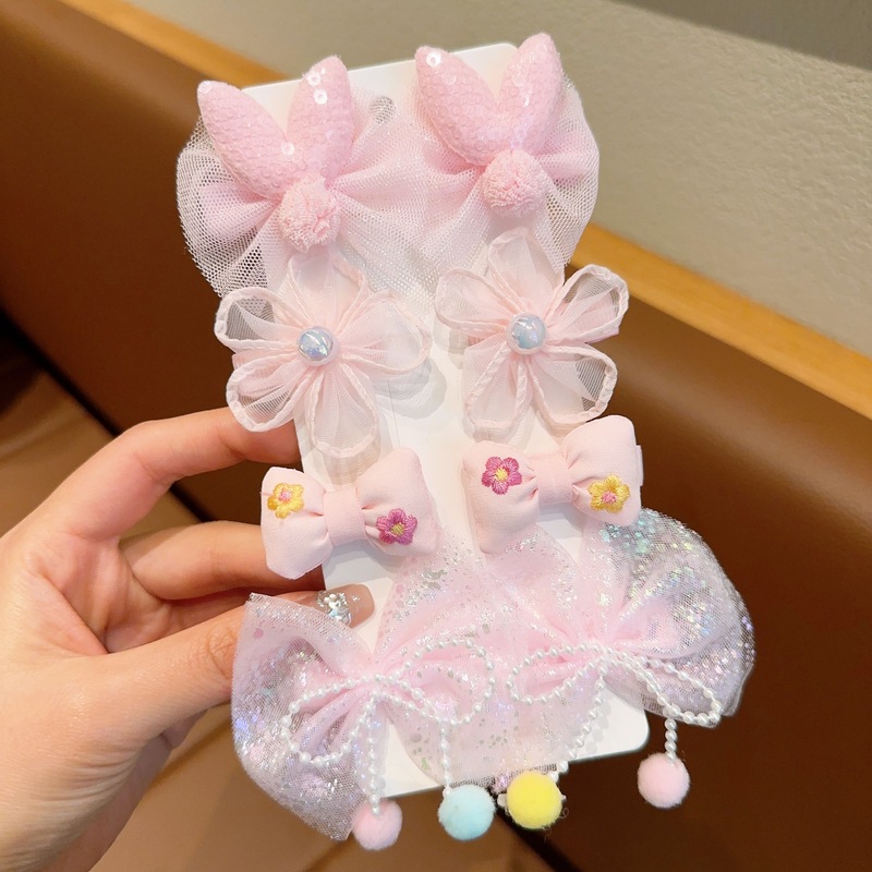 子供用リボンヘアピン春夏女の子メッシュ前髪クリップ4ペアセットフラワーリボンサイドクリップヘッドバンド|undefined