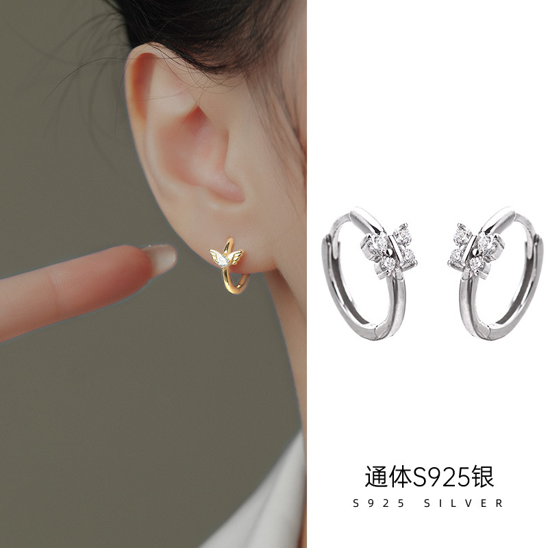 S925銀耳環女精緻微鑲翅膀耳扣簡約氣質冷淡風耳圈小紅書新款配飾