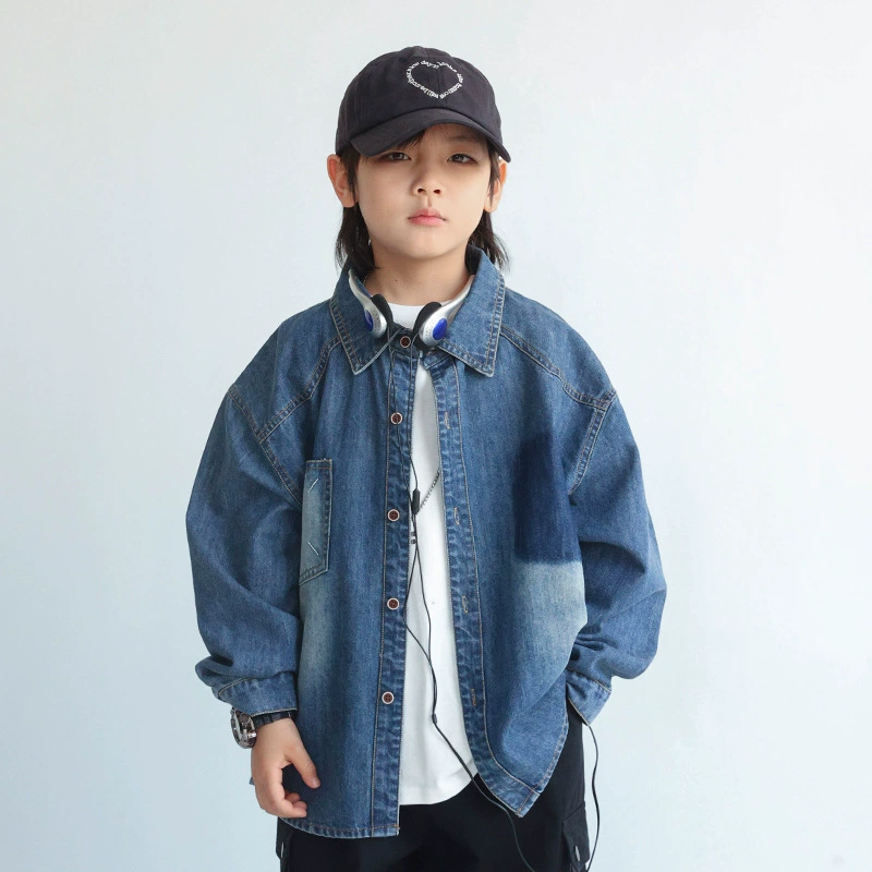 Рубашка для мальчиков 2024 осень новая корейская джинсовая рубашка детская дизайнерская печать с длинными рукавами