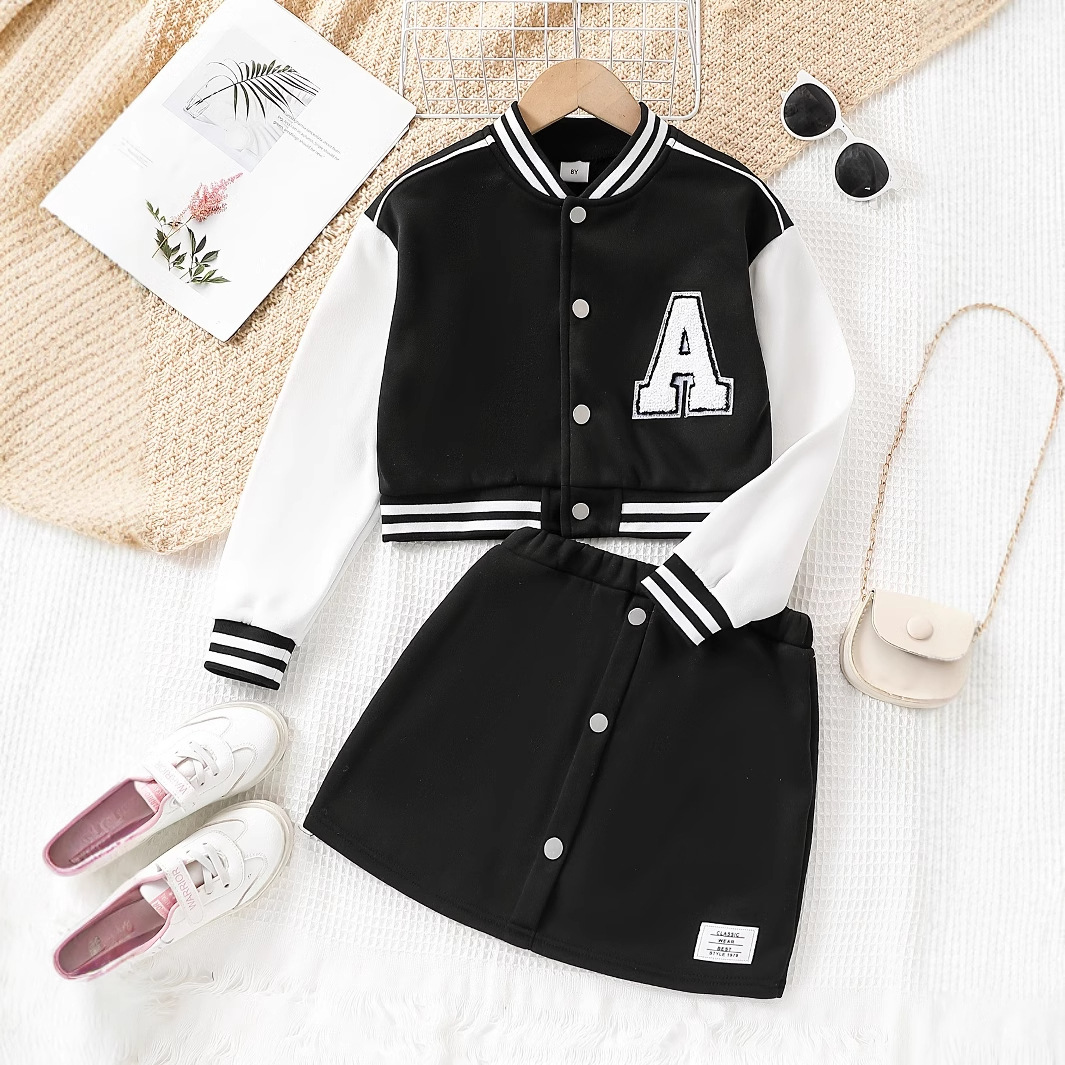 女童秋冬款黑色长袖棒球服外套 +半身裙时尚套装