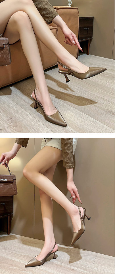 Giày sandal nữ bít mũi mũi nhọn gót mảnh quai ngang, gót 6–8 cm — Màu nâu, Màu trắng be, Màu vàng nhạt chi tiết 12