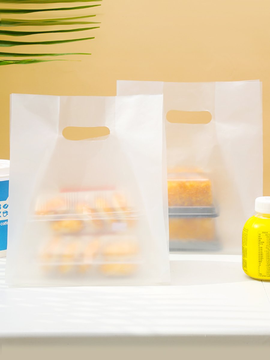 Bagos de postres horneados grandes y medianos, ensalada, pan, comida y bebida para llevar, embalaje de plástico, bolsas de goma de mano