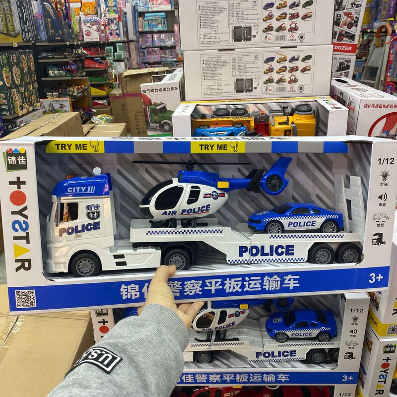 New Jinjia Children Fire Police Car Transporter Large Flat Trailer Engineering Toy Aircraft Car Boy