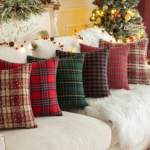 Cross-border Amazon Living Room Sofa Christmas Red Plaid Polyester Cotton Pillow Case Modern ins Style Pillow Cushion Cover