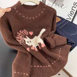 美拉德复古可爱猫咪提花撞色毛衣女秋冬减龄设计感圆领针织衫上衣