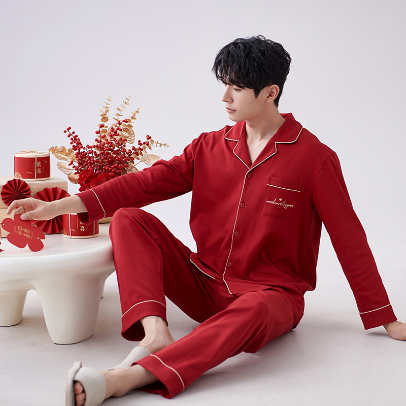 Pijamas primavera y otoño de los hombres de la boda festiva de algodón de manga larga ropa para el hogar año de nacimiento de los hombres rojos grandes más traje de tamaño