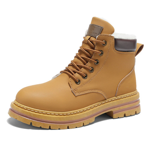 Men's Martin Boots Autumn New Fleece Lined Thick Outdoor Work Boots British Style Retro Yellow Leather Boots for Men