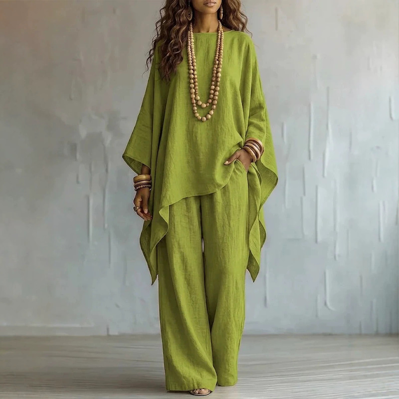 European and American cross-border cotton-linen women's set: irregular bat-sleeve loose top and high-waisted wide-leg pants casual linen suit European and American cross-border cotton-linen women's set: irregular bat-sleeve loose top and high-waisted wide-leg pants casual linen suit