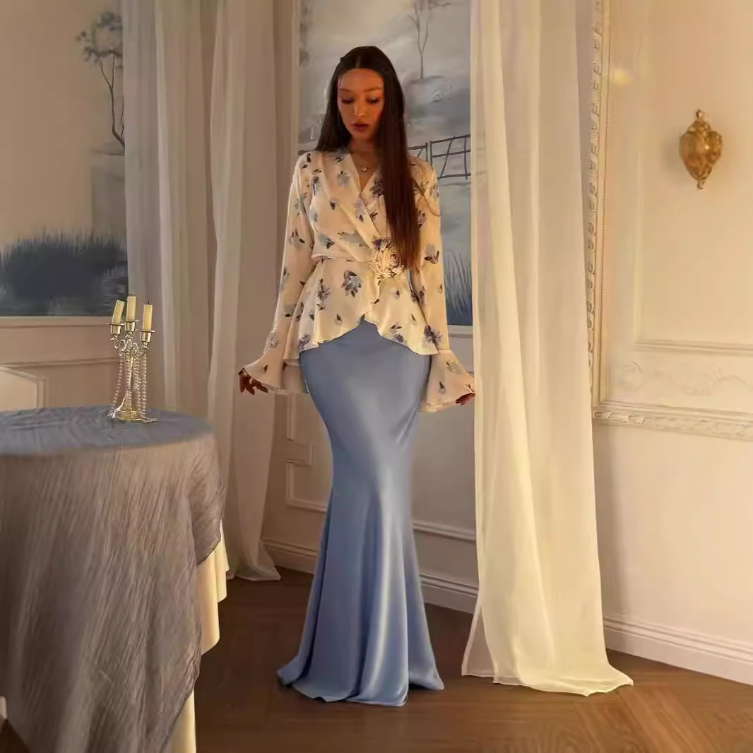 European and American cross-border 2024 autumn new satin floral top and sexy bodycon fishtail skirt fashion set
