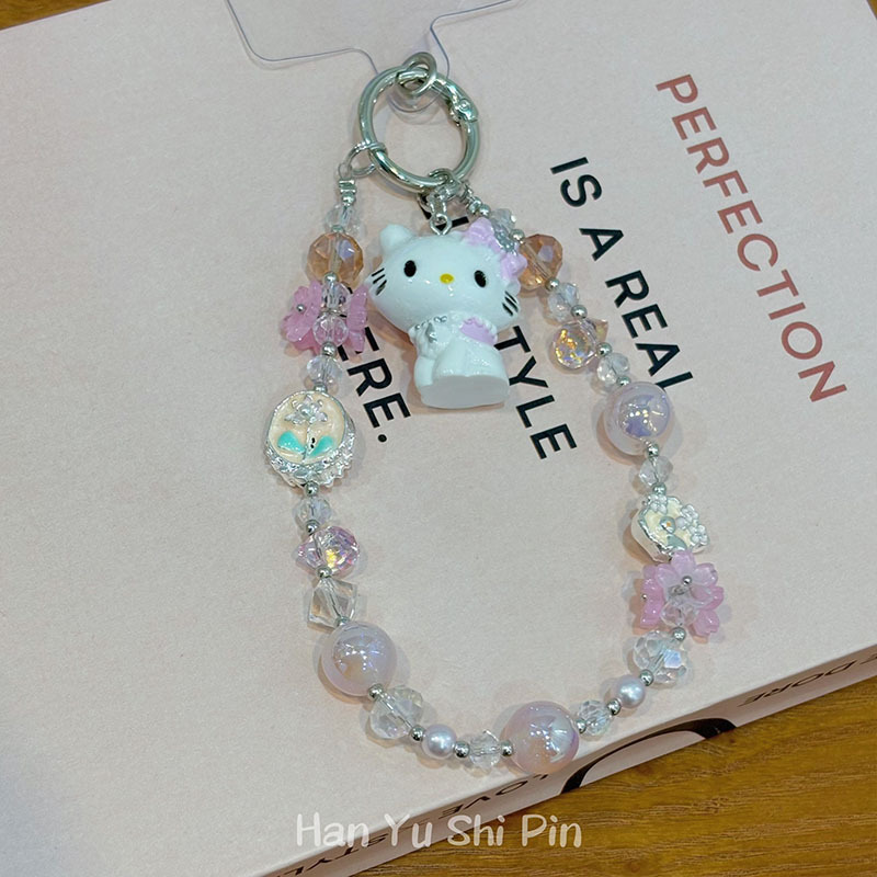 漫画甘いピンクガーリーハートビーズ花携帯電話チェーン新しいファッショナブルな KT 猫ペンダントキーホルダーペンダント|undefined