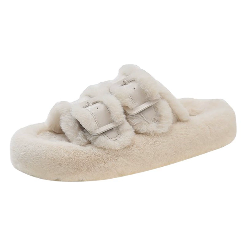 Белые пушистые тапочки на толстой подошве с пряжкой, женская обувь, новые теплые тапочки кибер-знаменитостей, плюшевые хлопковые тапочки
