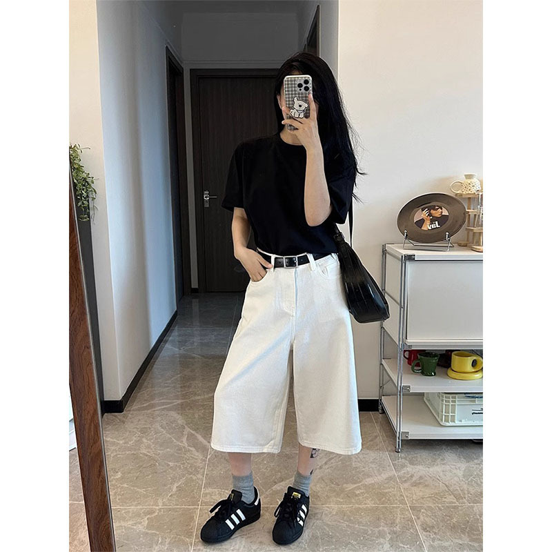 Versatile Cropped Pants Plus Size Summer Six-Point Wide-Leg Loose Women's Casual Thin Pants High-Waisted Straight Jeans White