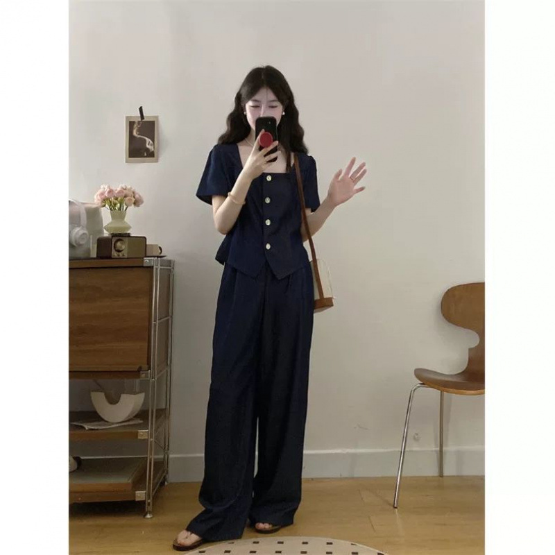 大きいサイズの夏服、年齢を軽減する服、太った女性のためのデニムトップス、ドレープワイドレッグパンツ、人気のスーツの完全なセット|undefined