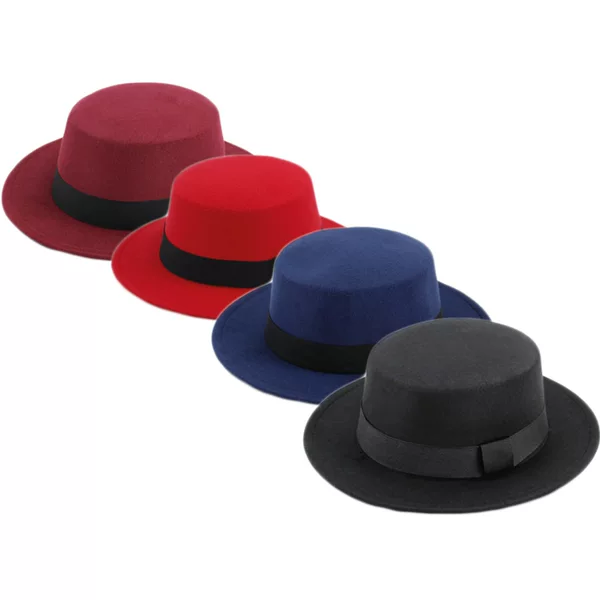 Autumn and Winter Hat British Black Flat Hat Korean Style Hepburn Gentleman Jazz Hat Flat Brim Woolen Wide Brim Hat for Men and Women