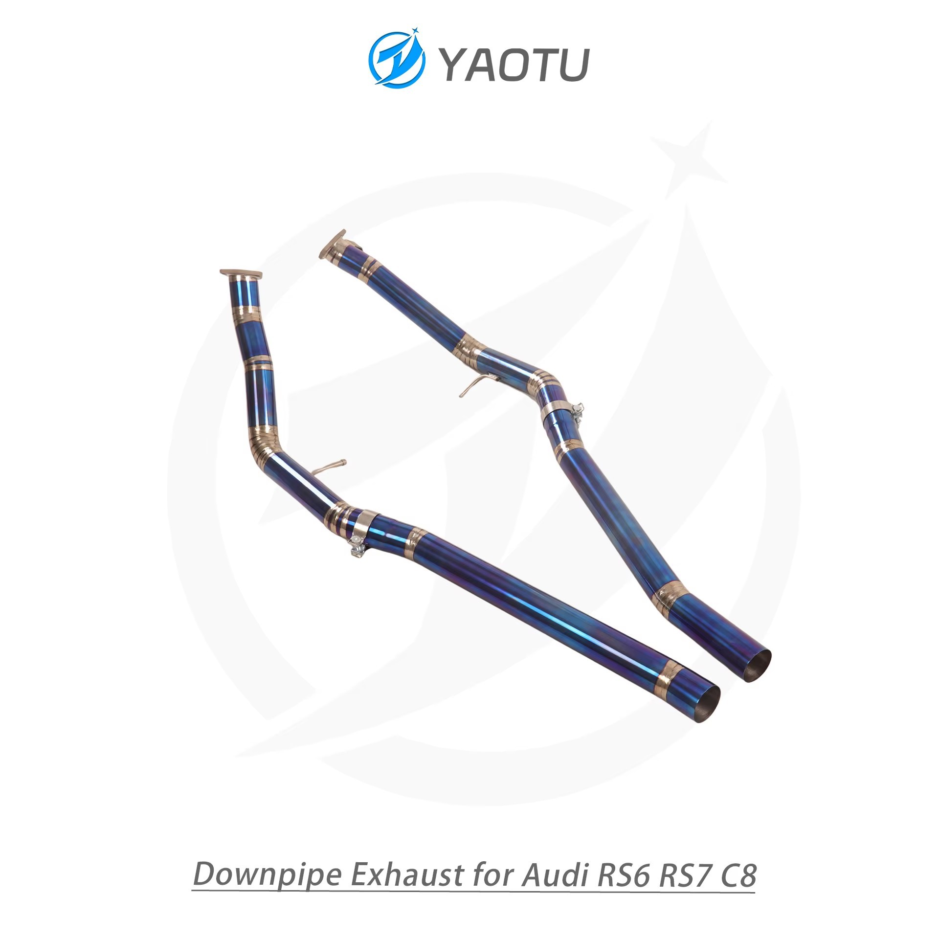 YT front exhaust system for Audi RS6 RS7 C8, titanium with blue flame
