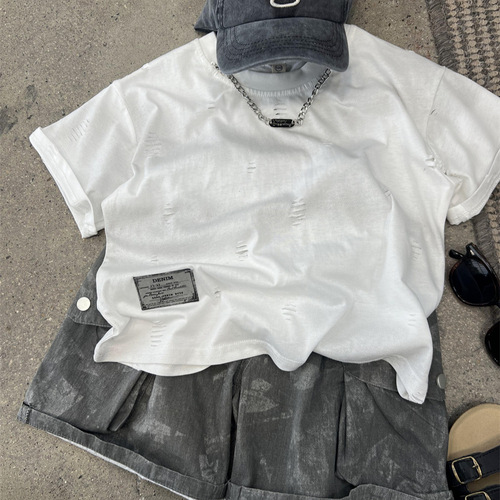 Men's Summer American Style Hole Necklace Short Sleeve T-Shirt Street Casual Children Cut and Tie-Dye Crew Neck Half Sleeve Shirt Trendy