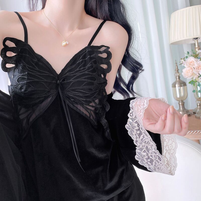 New Autumn and Winter Butterfly Pajamas Women's Sexy Backless Sling Trousers Three-Piece Nightgown with Chest Pad Lace Home Clothes