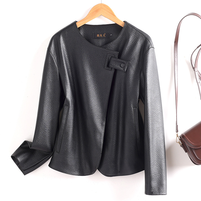 真皮绵羊皮2025秋冬新款头层油蜡复古V领供针极简西装短皮衣外套