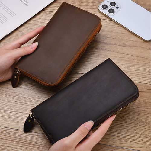 Wallet Zipper Bag Clutch Bag Vintage Style Horse and Cow Leather Large Capacity Factory Wholesale Men's Top Layer Leather with Zipper