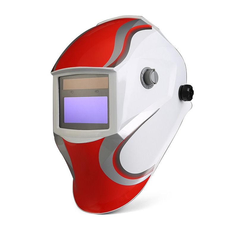 头戴式可调节焊工焊帽太阳能自动变光电焊面罩红白色JASMINE-433