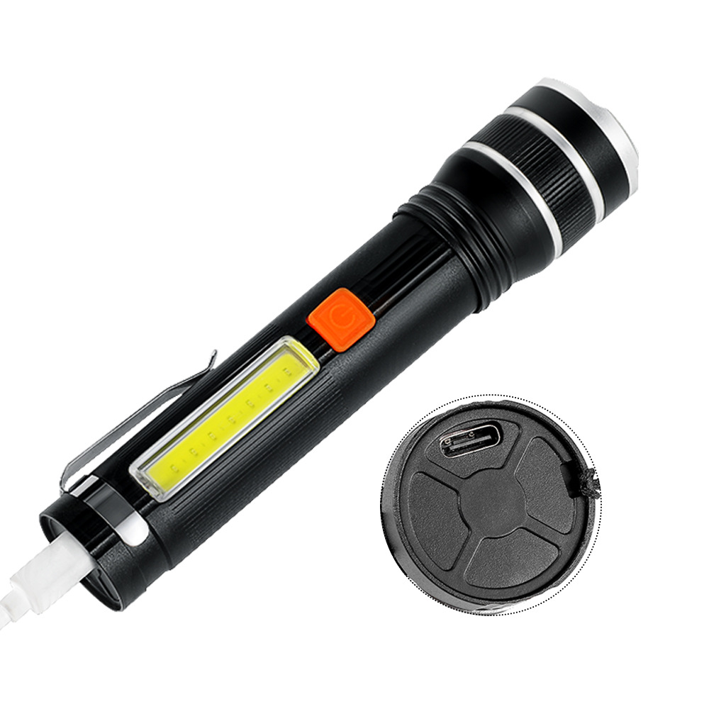 Nuevo p50 linterna de luz fuerte impermeable al aire libre con ventana rota martillo banco de energía de emergencia cob doble fuente de luz linterna remota