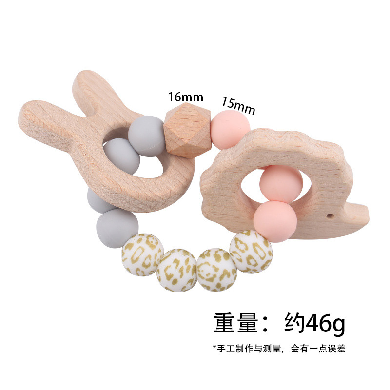 Nuevo bebé conejo bordado pulsera de goma de madera DIY bebé perlas de silicona juguetes de mordida de dientes varilla de molienda