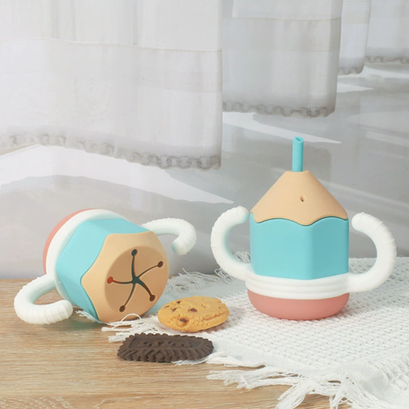 Силиконовая чашка-карандаш для воды со взрывами с крышкой Обучающая чашка для питья Июнь 3-летнее детское питание Дополнительная чашка на присоске Тренировочная присоска с защитой от падения