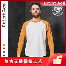 PrintAce复古超重磅全棉无缝滚领斜肩拼色弧形下摆秋冬长袖男6237