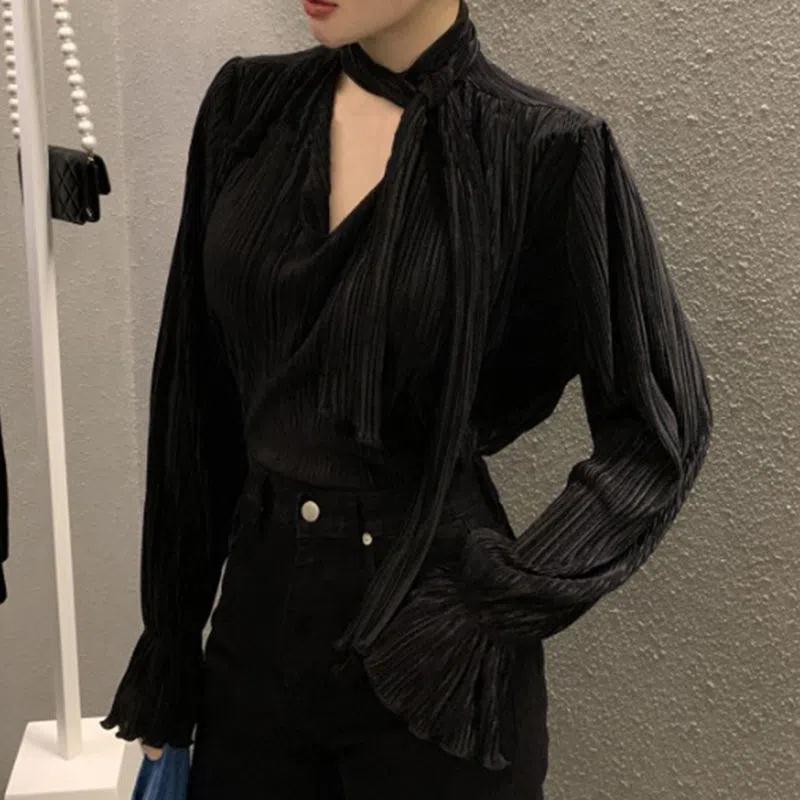 春と秋のフレンチニッチVネックレースアッププリーツハイエンド長袖シャツレディースウエスタンスタイルインナートップ|undefined
