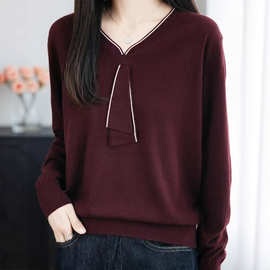 秋冬新款针织衫女V领撞色飘带套头长袖温柔显瘦打底衫2025毛衣女