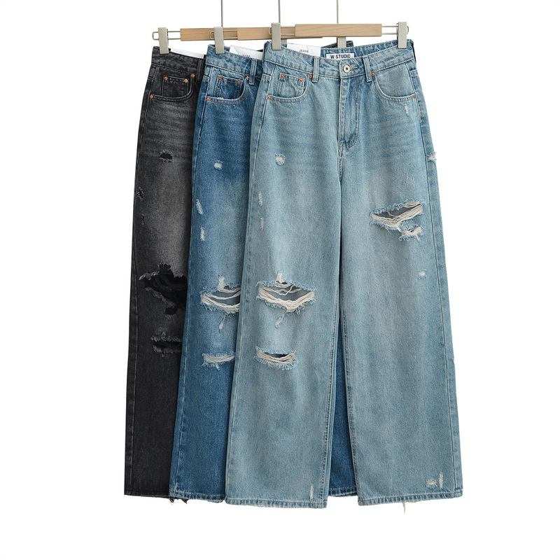 American Trendy Retro Washed Distressed Jeans for Women Spring New Loose Slimming Straight Wide-Leg Pants