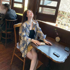 韩系蓝色条纹长袖防晒衬衫女春秋慵懒宽松休闲设计感上衣外套