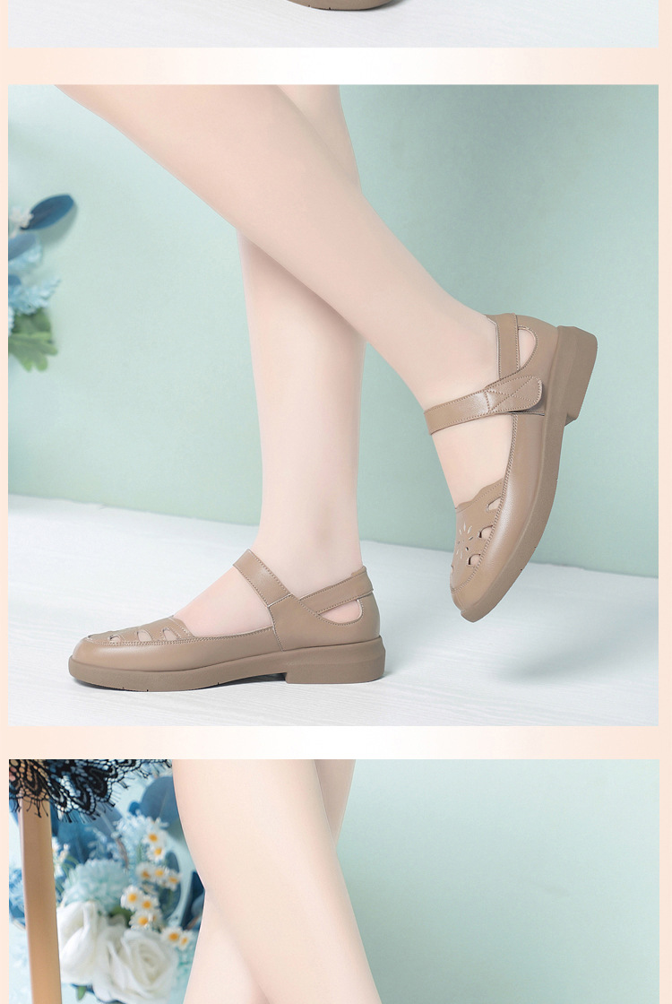 Sandal da thật lỗ thoáng khí đế mềm cho nữ trung niên, đế cao su bền bỉ — màu be chi tiết 12