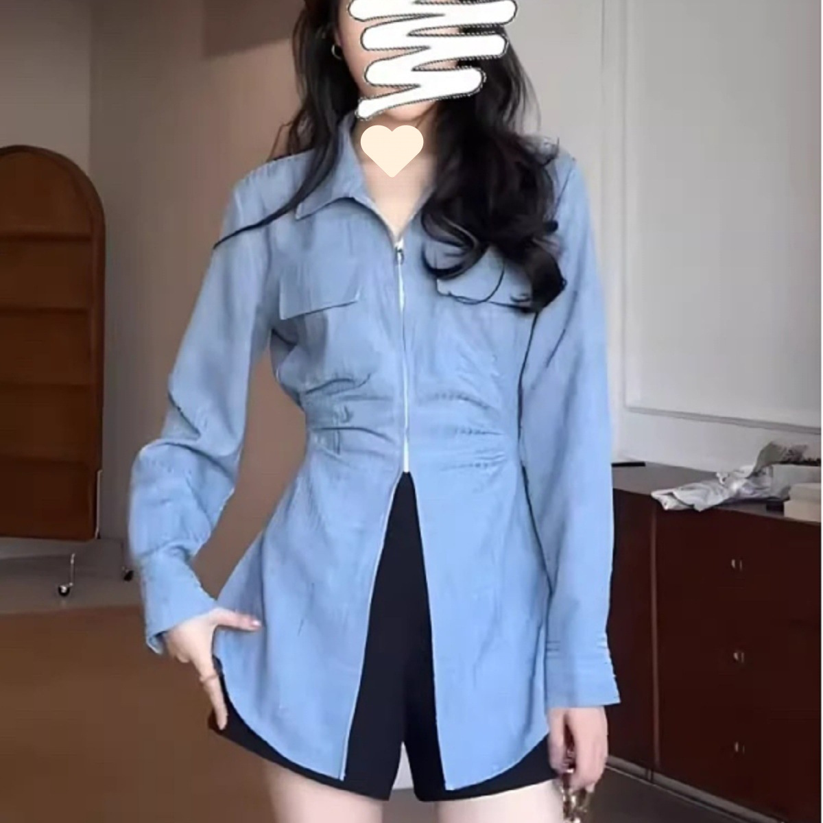 早秋新款大码女装胖妹妹衬衫收腰侧边褶皱时尚超百搭显瘦上衣