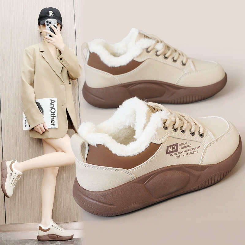 XY5801-1 Новые женские ботинки на толстой подошве Осень/Зима 2024, теплые хлопковые кроссовки с цветовыми блоками, высокие, на флисе, простой стиль, увеличивающие рост